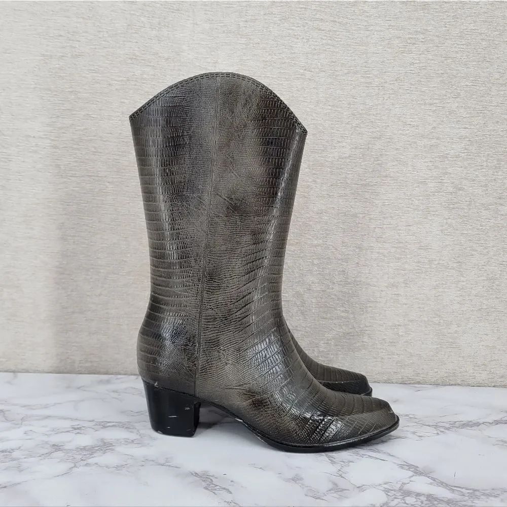 Andrew Geller Vintage Gray Lizard Embossed Heeled Rubber Rain Boots